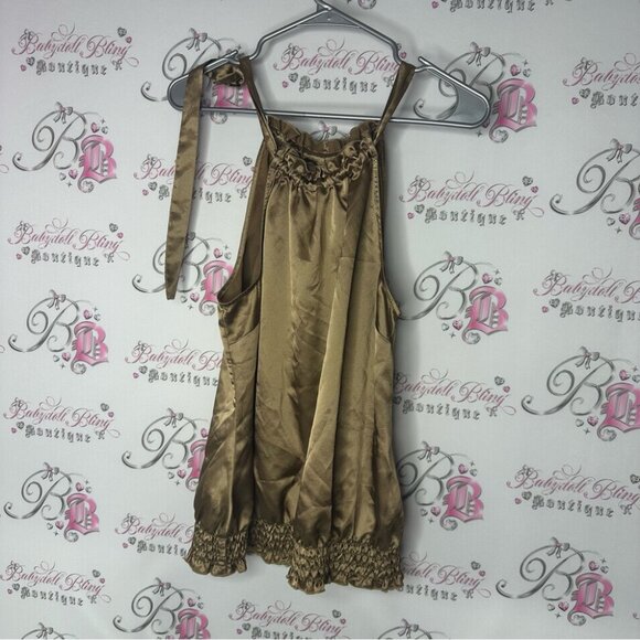 Smart set Silky Brown gold top cinched sexy ribbon tie with Ruffle halter - Picture 6 of 6